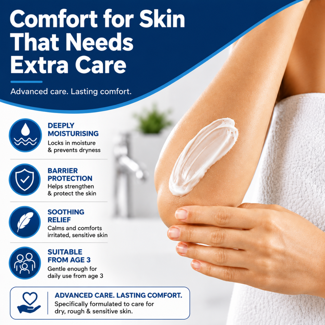 White ointment applied to an elbow with text highlights for SkinRepairX healing benefits and barrier protection.