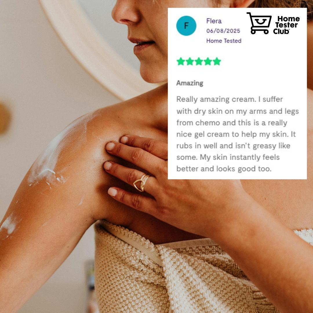 Woman applying SkinRepairX Emollient Gel to her shoulder, with a positive Home Tester Club review overlay.