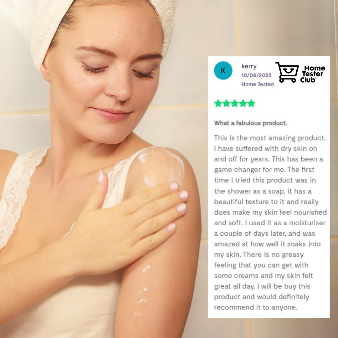 Woman applying SkinRepairX Colloidal Oat Cream to her shoulder next to a five-star customer review.
