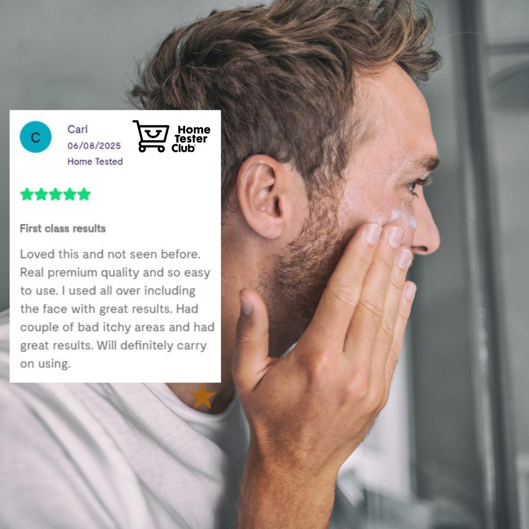 Man applying SkinRepairX Colloidal Oat Cream to his face, featuring a 5-star Home Tester Club review.