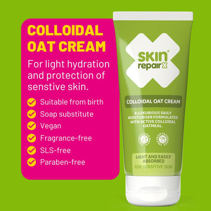 SkinRepairX Colloidal Oat Cream green squeeze tube next to a pink list of product benefits.