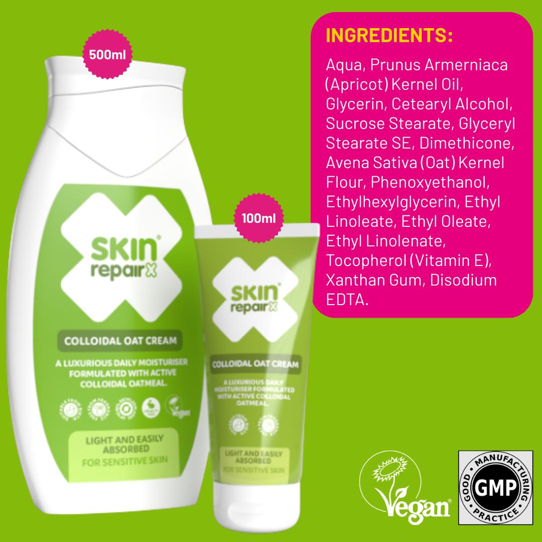 SkinRepairX Colloidal Oat Cream in 500ml bottle and 100ml tube on a green background with ingredients list.