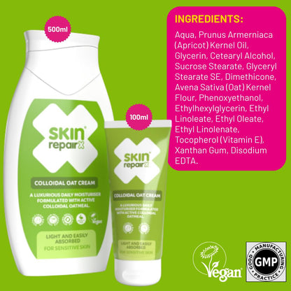 SkinRepairX Colloidal Oat Cream in 500ml bottle and 100ml tube on a green background with ingredients list.
