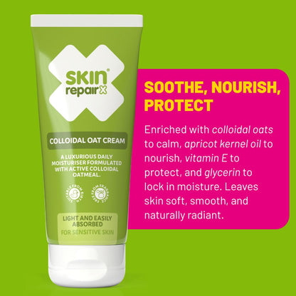 SkinRepairX Colloidal Oat Cream in a green squeeze tube next to a pink product description card.