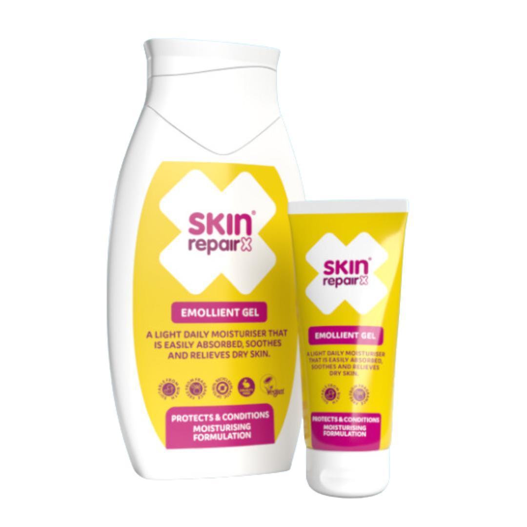 SkinRepairX Emollient Gel bottle and tube with yellow and white labels.