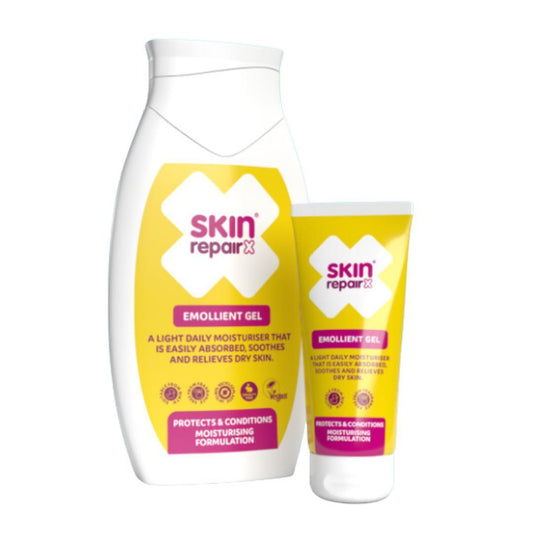 SkinRepairX Emollient Gel bottle and tube with yellow and white labels.