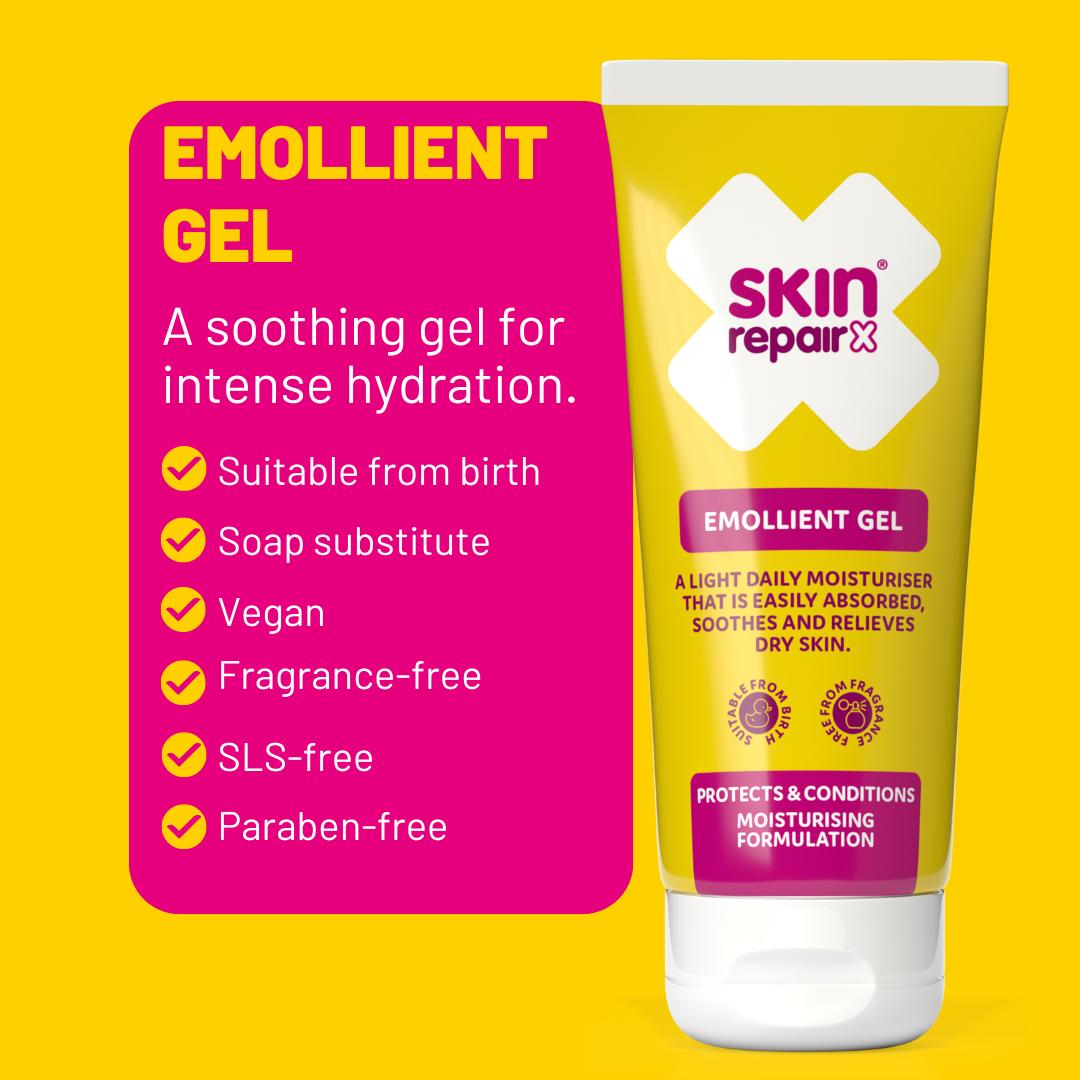 SkinRepairX Emollient Gel tube next to a list of product benefits on a yellow background.