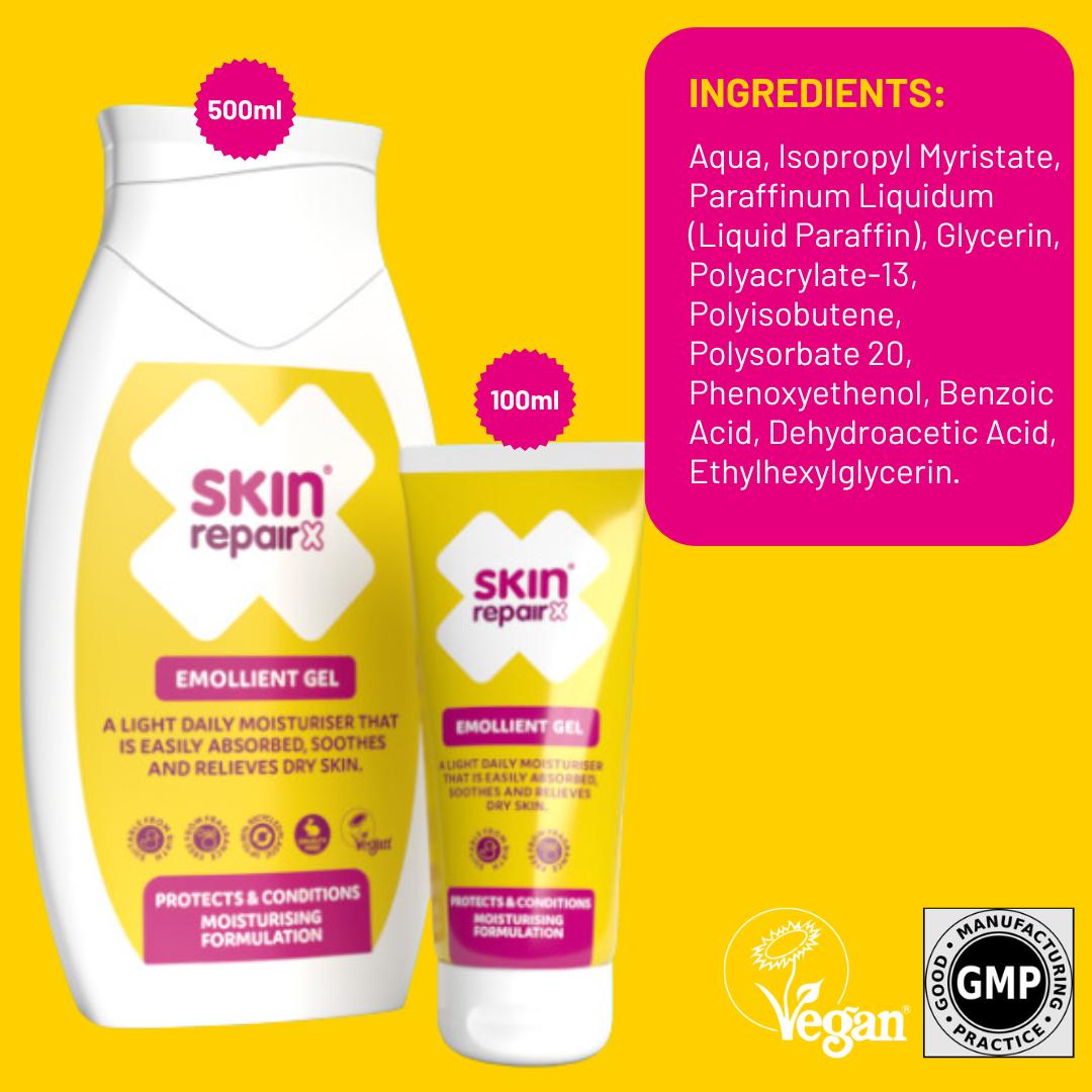 SkinRepairX Emollient Gel in 500ml pump bottle and 100ml tube on a yellow background.