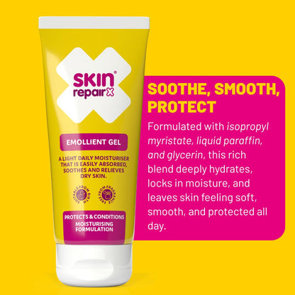SkinRepairX Emollient Gel tube on a yellow background with product benefits.