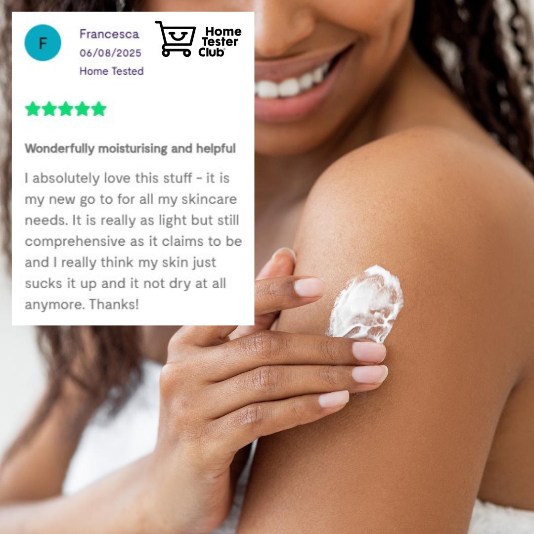 Woman applying white SkinRepairX Emollient Gel to her shoulder next to a 5-star product review.