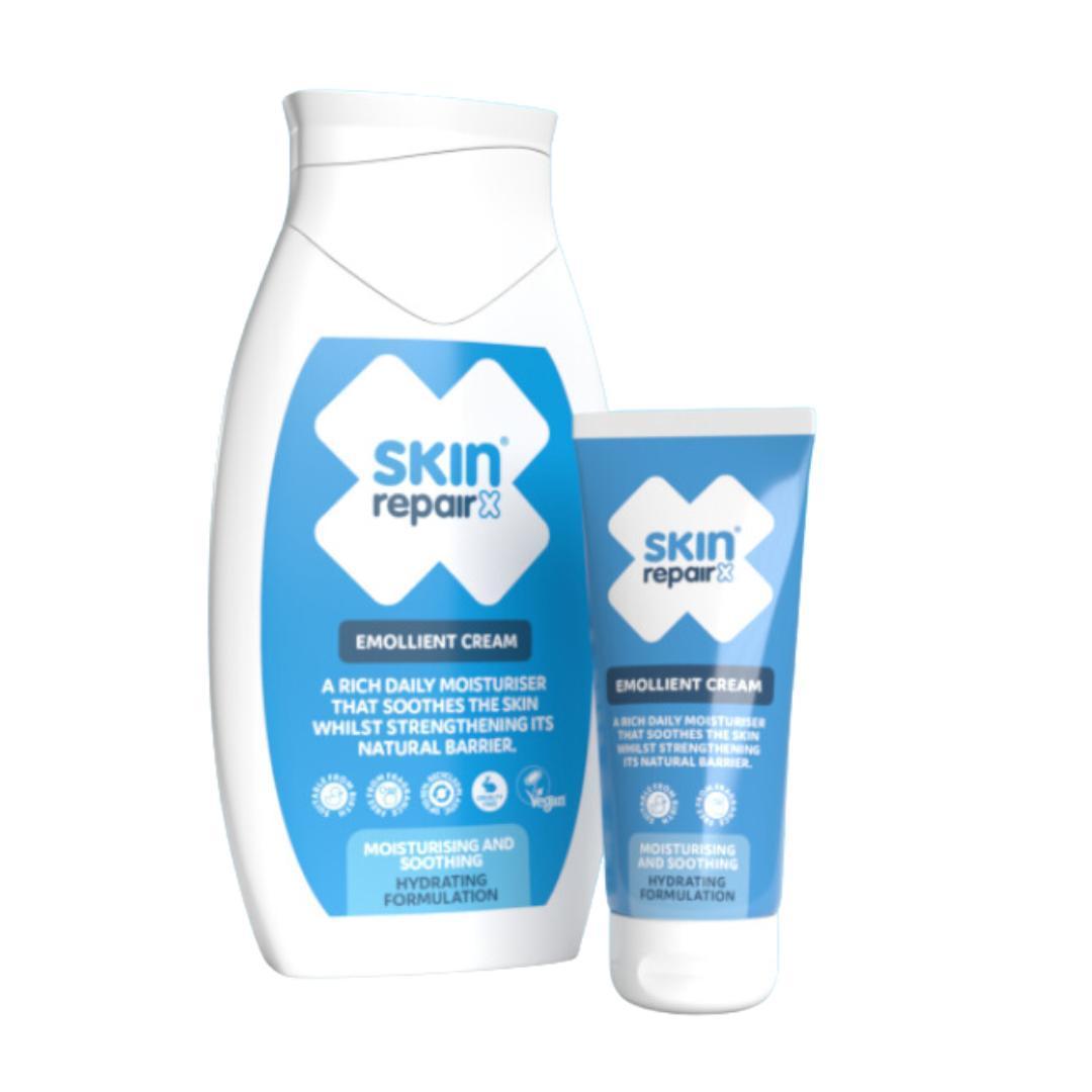 SkinRepairX Emollient Cream in a white bottle and squeeze tube with blue labels.