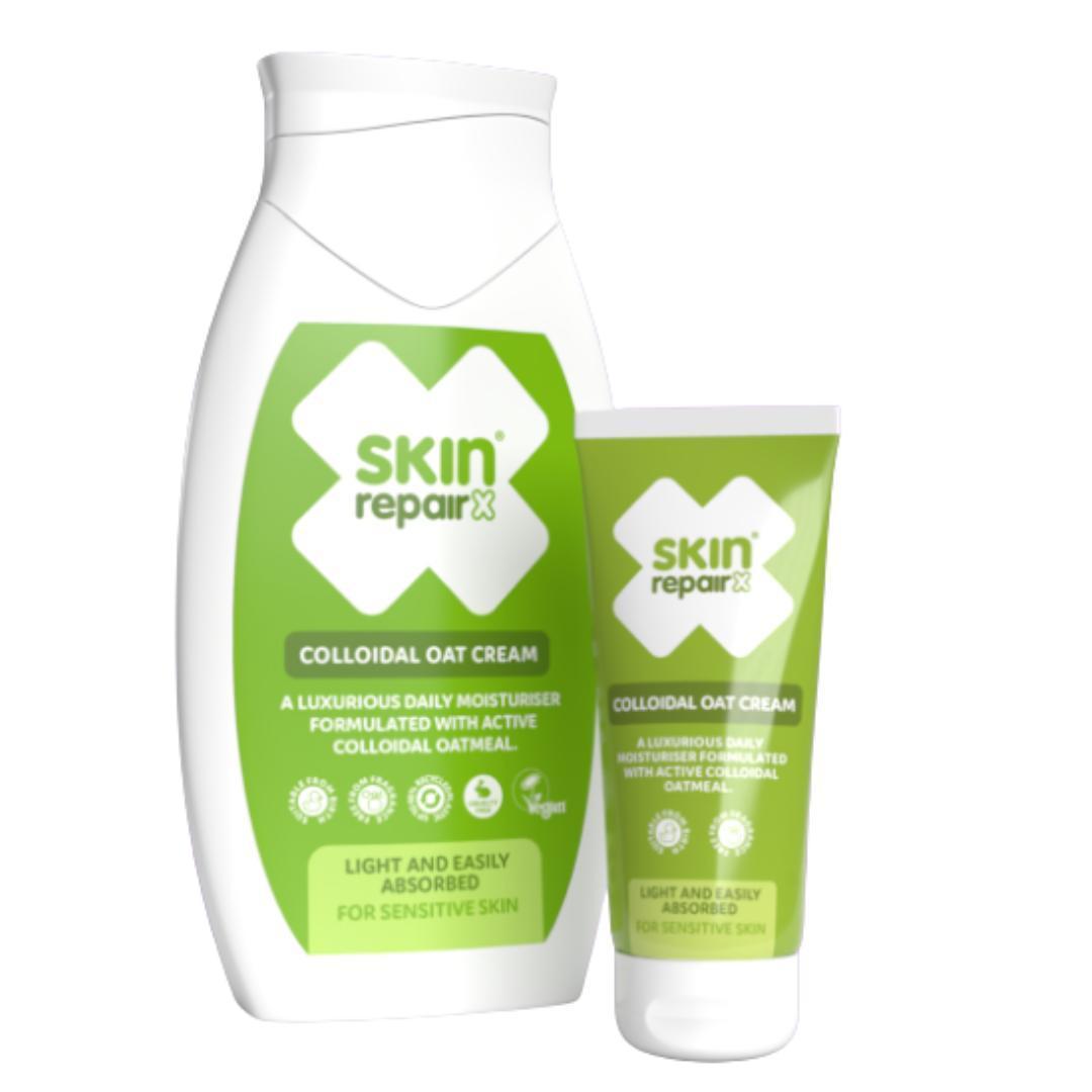SkinRepairX Colloidal Oat Cream in a white bottle and squeeze tube with green labels.