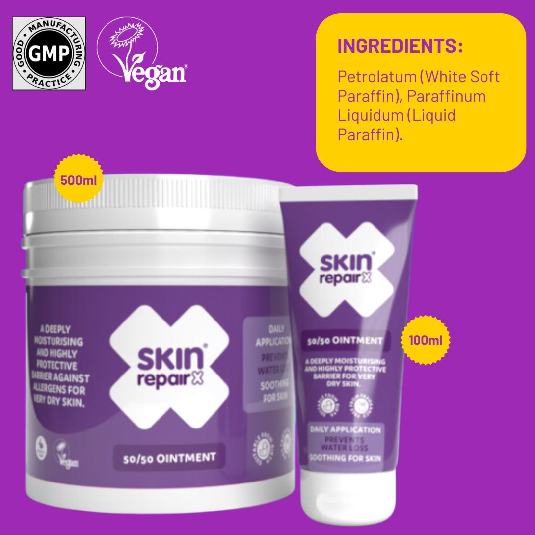 SkinRepairX 50/50 Ointment in a 500ml tub and 100ml tube on a purple background.