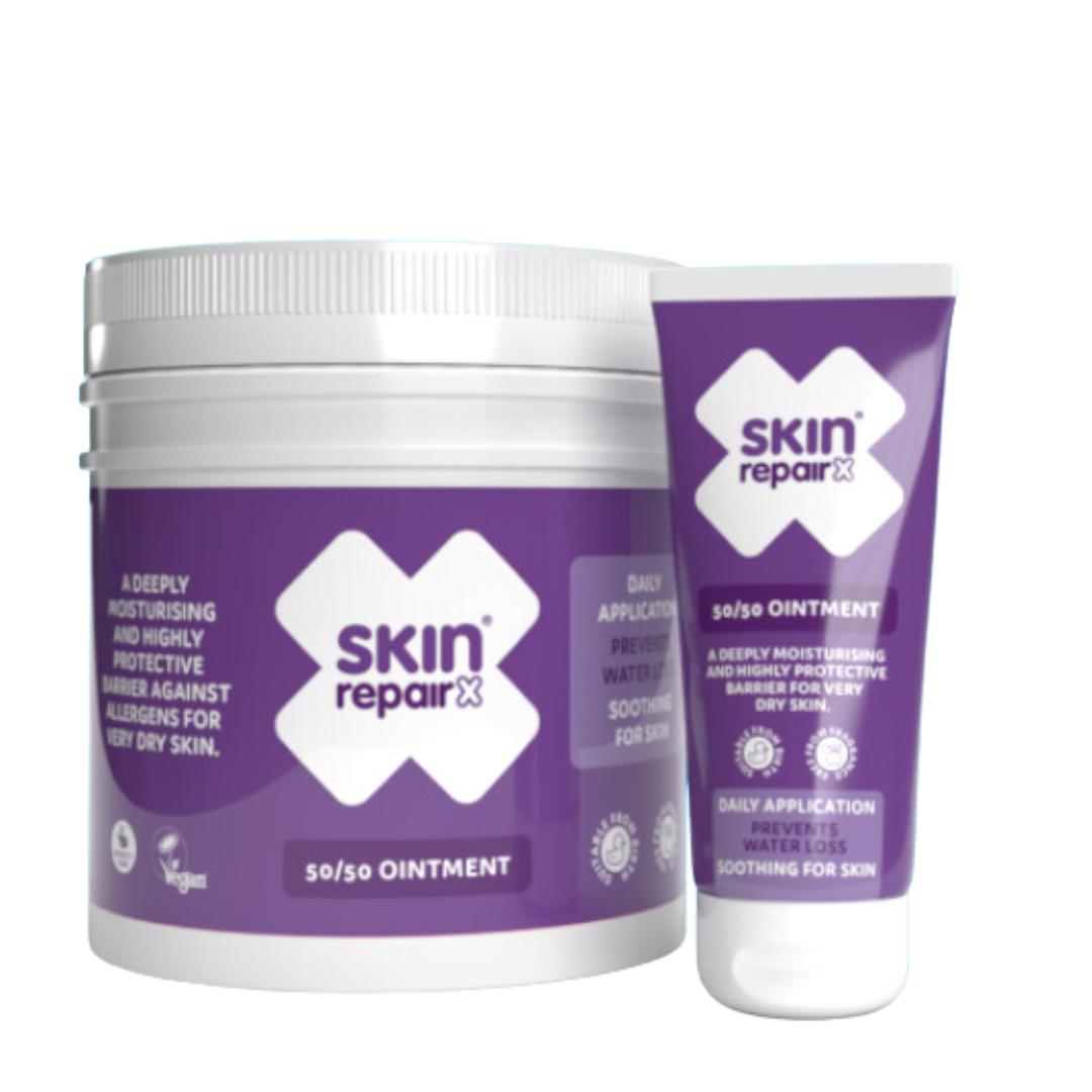 SkinRepairX 50/50 Ointment in a white tub and squeeze tube with purple labels.