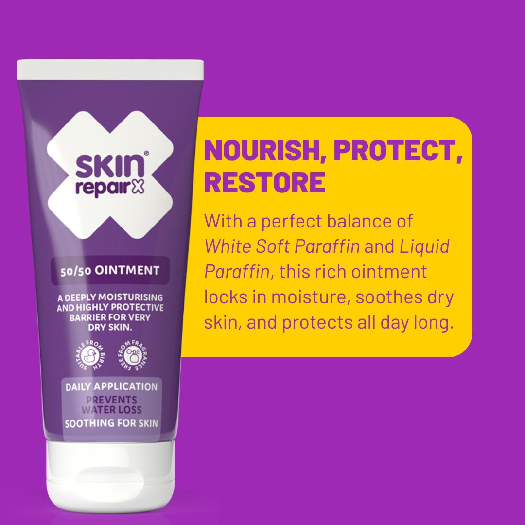 SkinRepairX 50/50 Ointment tube on a purple and yellow background.