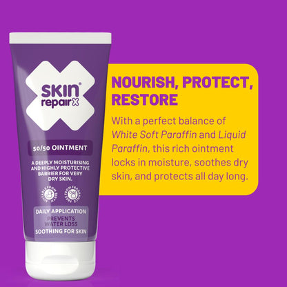 SkinRepairX 50/50 Ointment tube on a purple and yellow background.