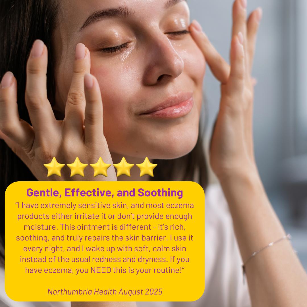 Woman applying SkinRepairX 50/50 Ointment to her face, with a five-star review overlay.