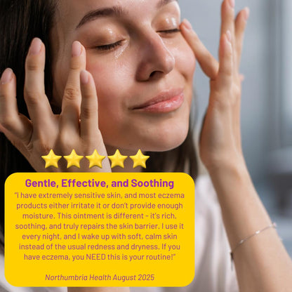 Woman applying SkinRepairX 50/50 Ointment to her face, with a five-star review overlay.