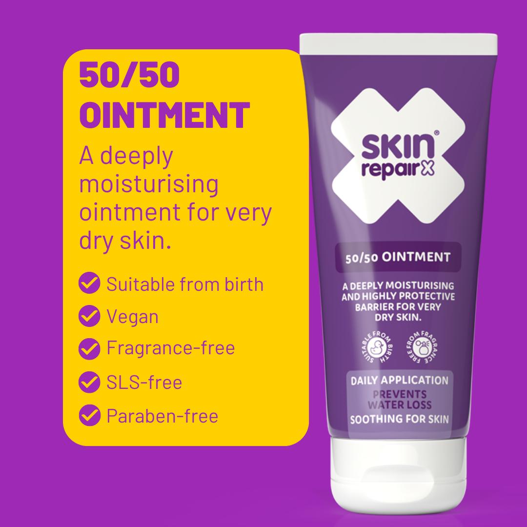 SkinRepairX 50/50 Ointment purple squeeze tube next to a yellow product feature list.