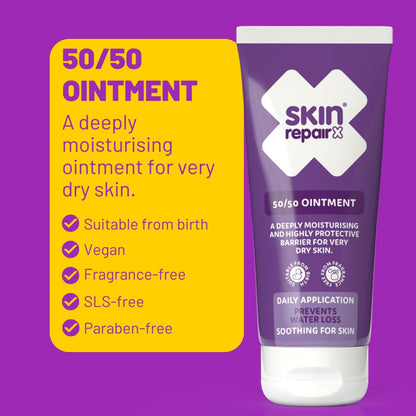 SkinRepairX 50/50 Ointment purple squeeze tube next to a yellow product feature list.
