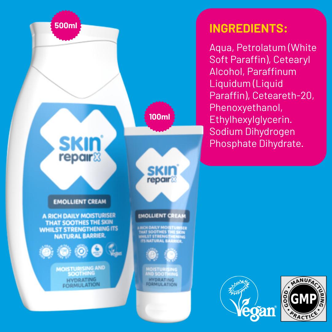 SkinRepairX Emollient Cream in 500ml bottle and 100ml tube on a blue background