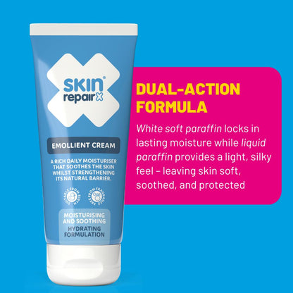 SkinRepairX Emollient Cream blue squeeze tube with dual-action formula details on a pink background.