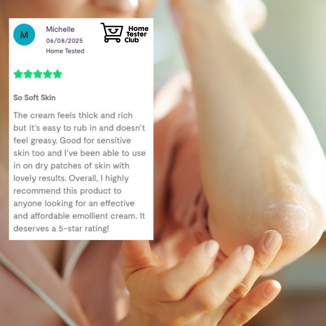 Applying SkinRepairX Emollient Cream to a dry elbow, featuring a five-star customer review.