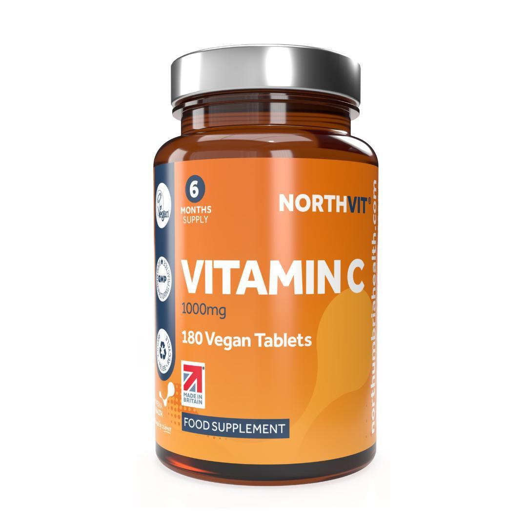 Northvit Vitamin C 1000mg 180 vegan tablets in an amber glass bottle with orange label.