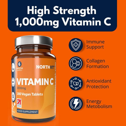 Northvit Vitamin C 1000mg bottle on an orange background with health benefit icons.