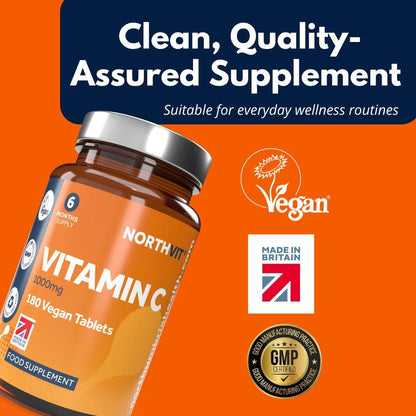 Northvit Vitamin C 1000mg bottle with Vegan and Made in Britain logos on an orange background.