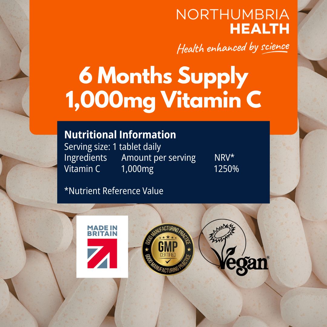 Northumbria Health 1000mg Vitamin C tablets with nutritional info and vegan logo.
