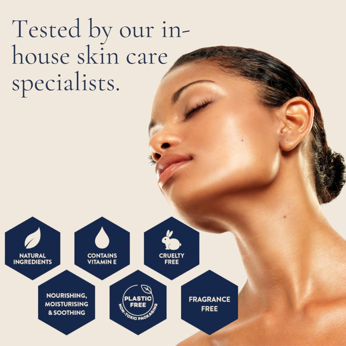Woman with glowing skin next to Beeluxe natural skin balm benefits icons.