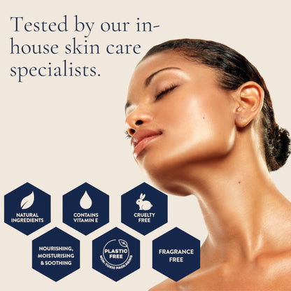 Woman with glowing skin next to Beeluxe natural skin balm benefits icons.