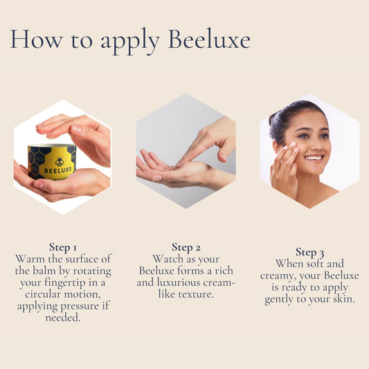 Three-step guide showing how to apply Beeluxe skin balm with instructional text and images.