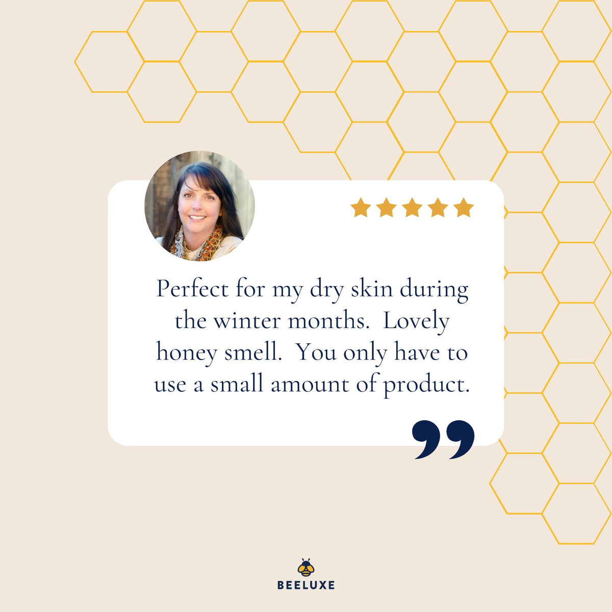 Beeluxe customer review for natural skin balm on a yellow honeycomb background.