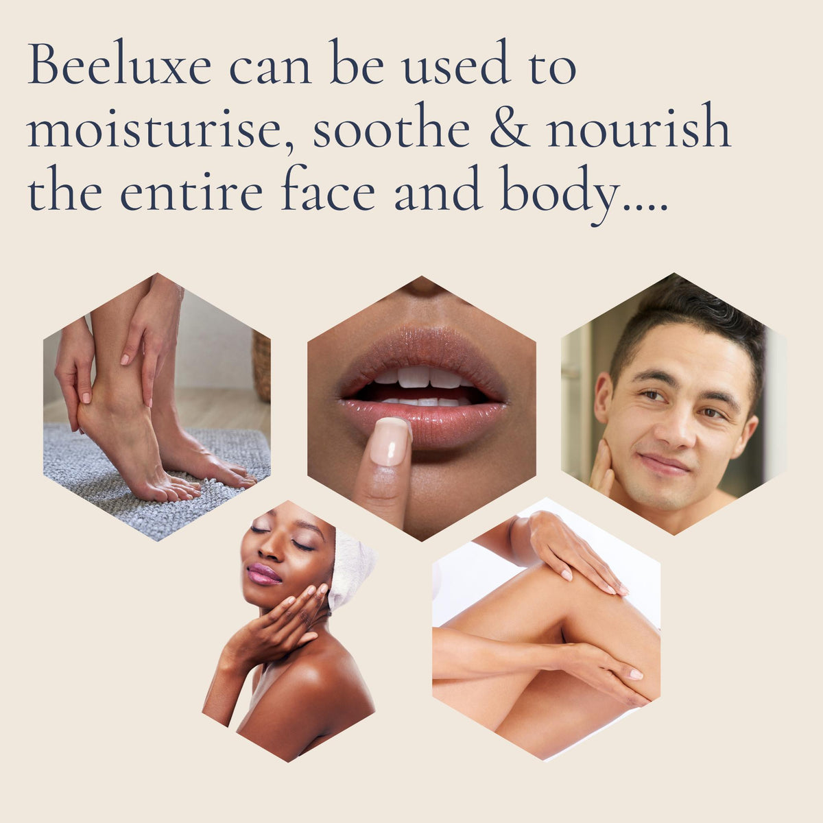 Hexagonal photos showing Beeluxe balm used on lips, face, legs, and feet.