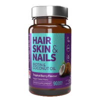 Supplement bottle labeled 'Hair Skin & Nails' with Biotin and Coconut Oil on a white background