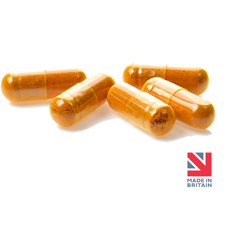 Yellow capsules on a white background with 'Made in Britain' label.