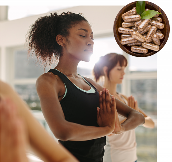 Woman in a yoga pose with a inset of capsules.
