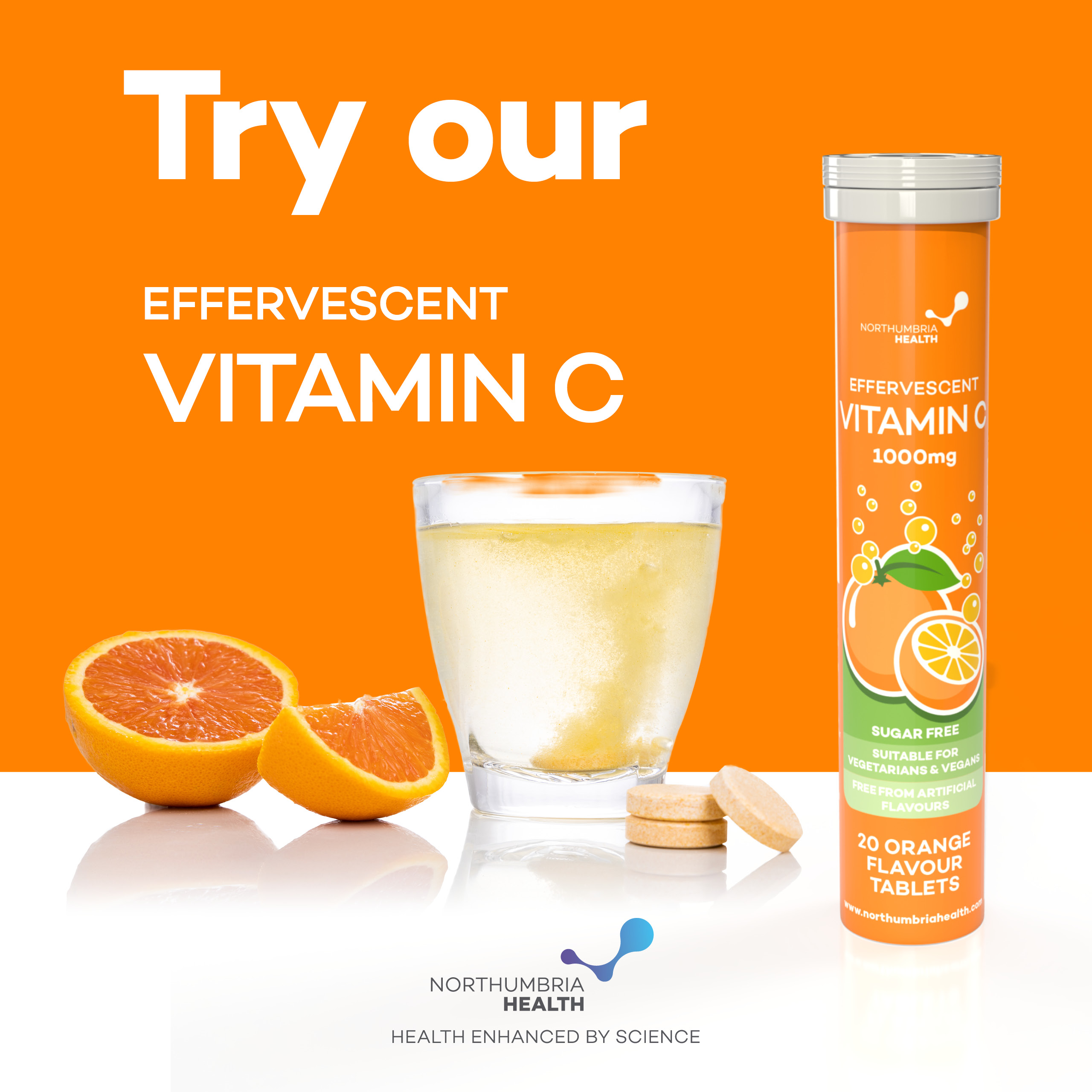 Effervescent Vitamin C 1000mg Orange Flavour Tablets (20) Northumbria